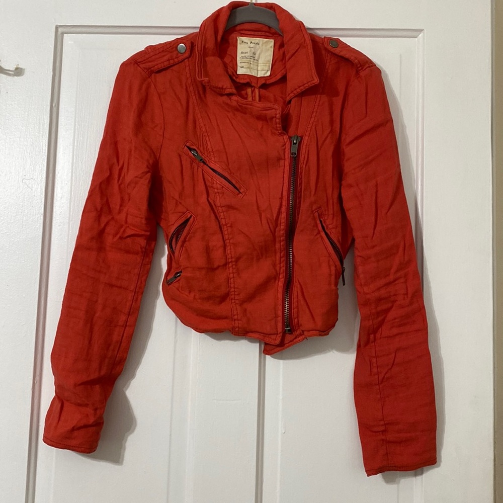 Salmon orange/pink Cropped free people linen jacket size 6